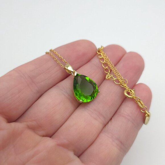 18 Inch Gold Over Sterling Silver Green Glass Gem Necklace A741 - Picture 3 of 8